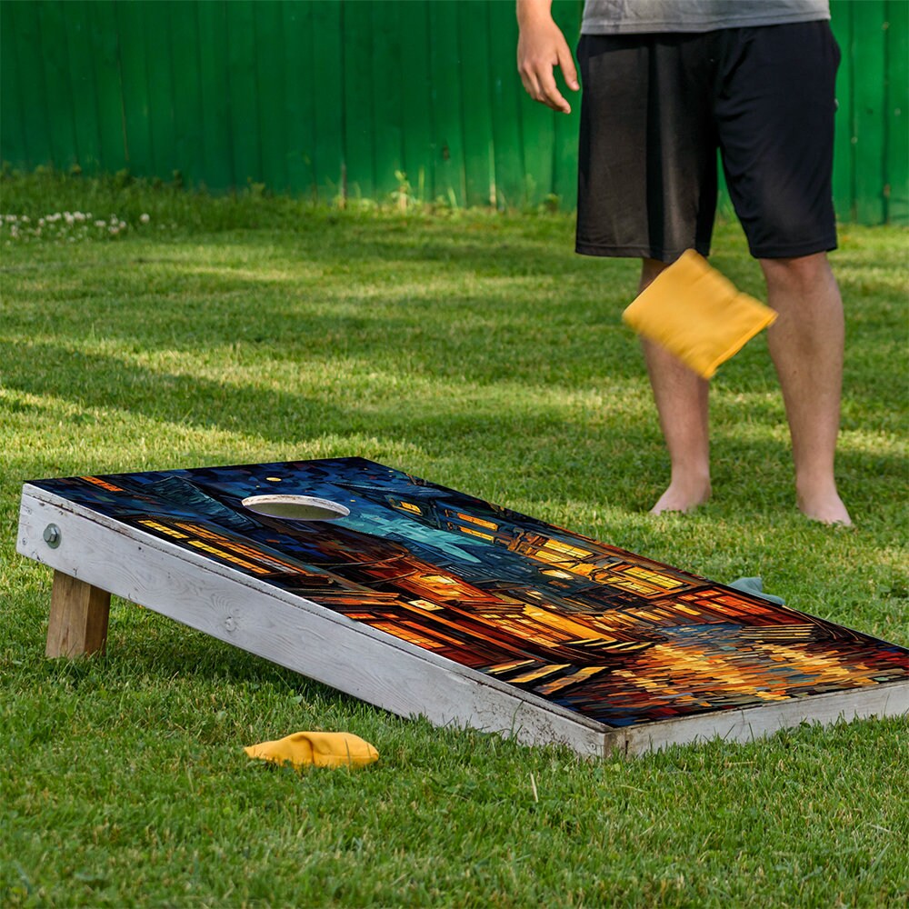 Fantasy Wizard World Cornhole Board Wraps Set of 2 by Lone Star Art with a fantasy cityscape on Tampa Home & Garden Store
