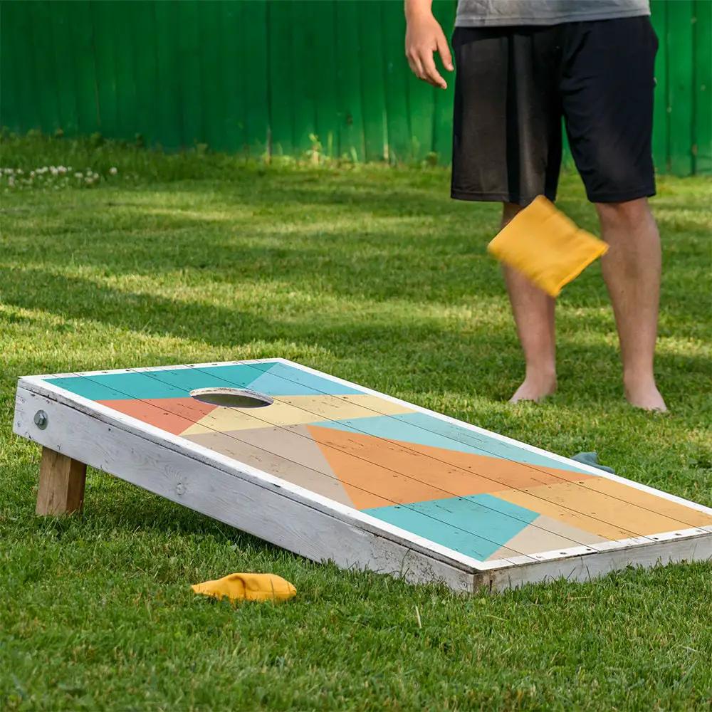 Cornhole Wraps set of 2, Minimalist Geometric design, turquoise/orange panels on Tampa Home & Garden Store