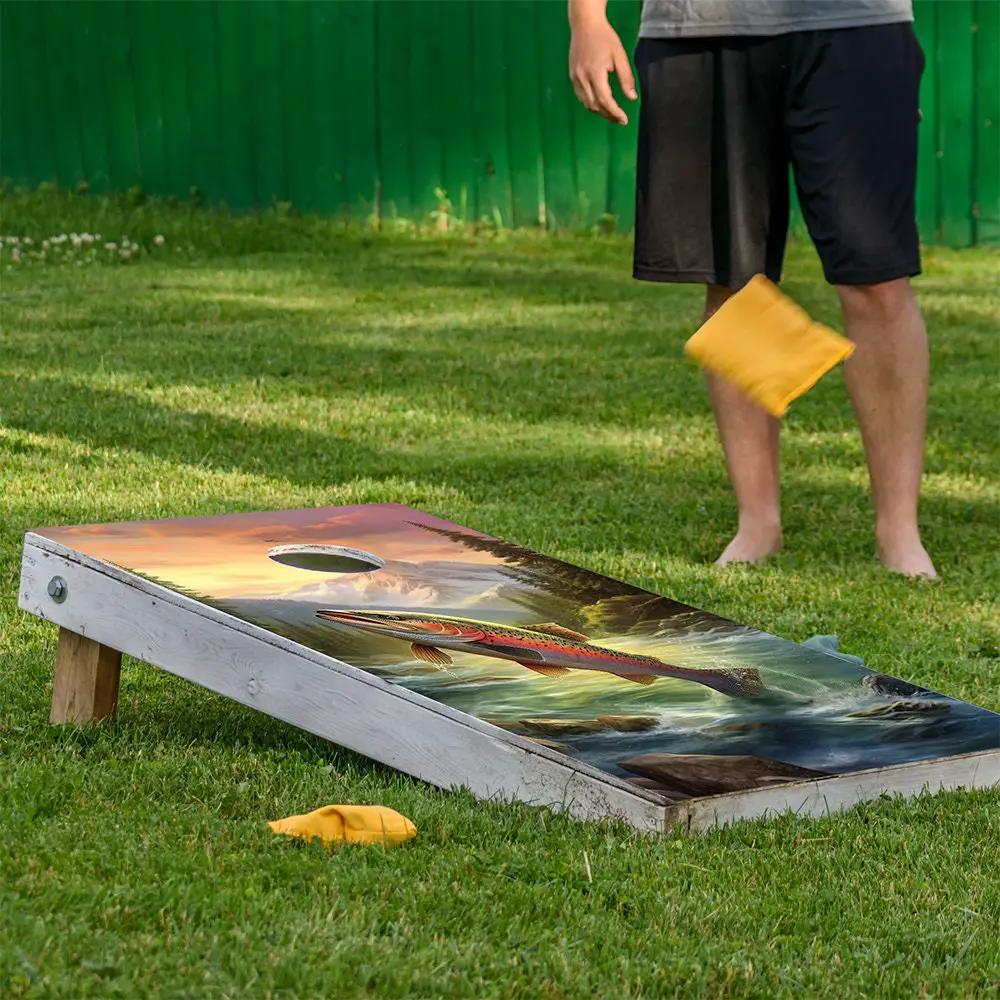 Blue Lake Fishing Cornhole Board Wraps set of 2 with lake fishing scene on weathered white board on Tampa Home & Garden Store