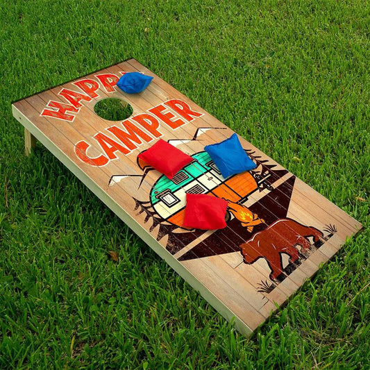 Happy Camper Cornhole Wraps set of 2 on wood boards with red and blue bean bags on grass on Tampa Home & Garden Store