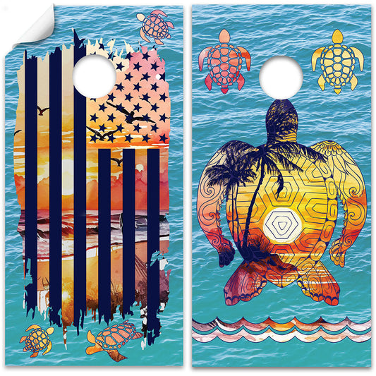 Sunset Sea Turtle and American Flag - Cornhole Board Wrap - Set of 2 - Tampa Home & Garden Store