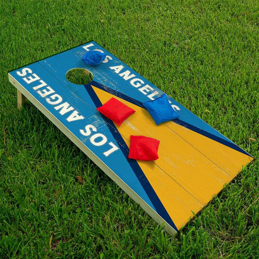 Cornhole wraps set of 2 Los Angeles Angels on blue and yellow boards with red and blue bean bags on Tampa Home & Garden Store