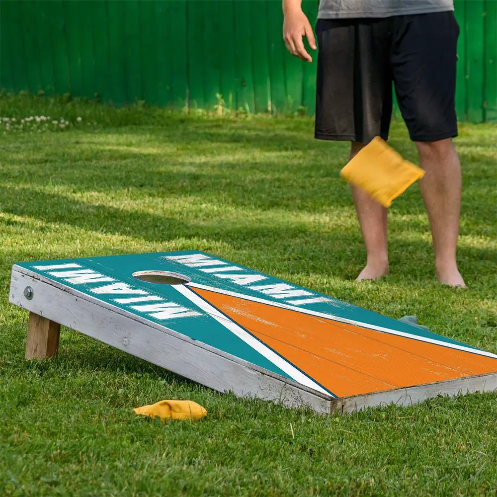 Miami Football Cornhole Board Wrap Set of 2, teal with orange stripe design on boards on Tampa Home & Garden Store