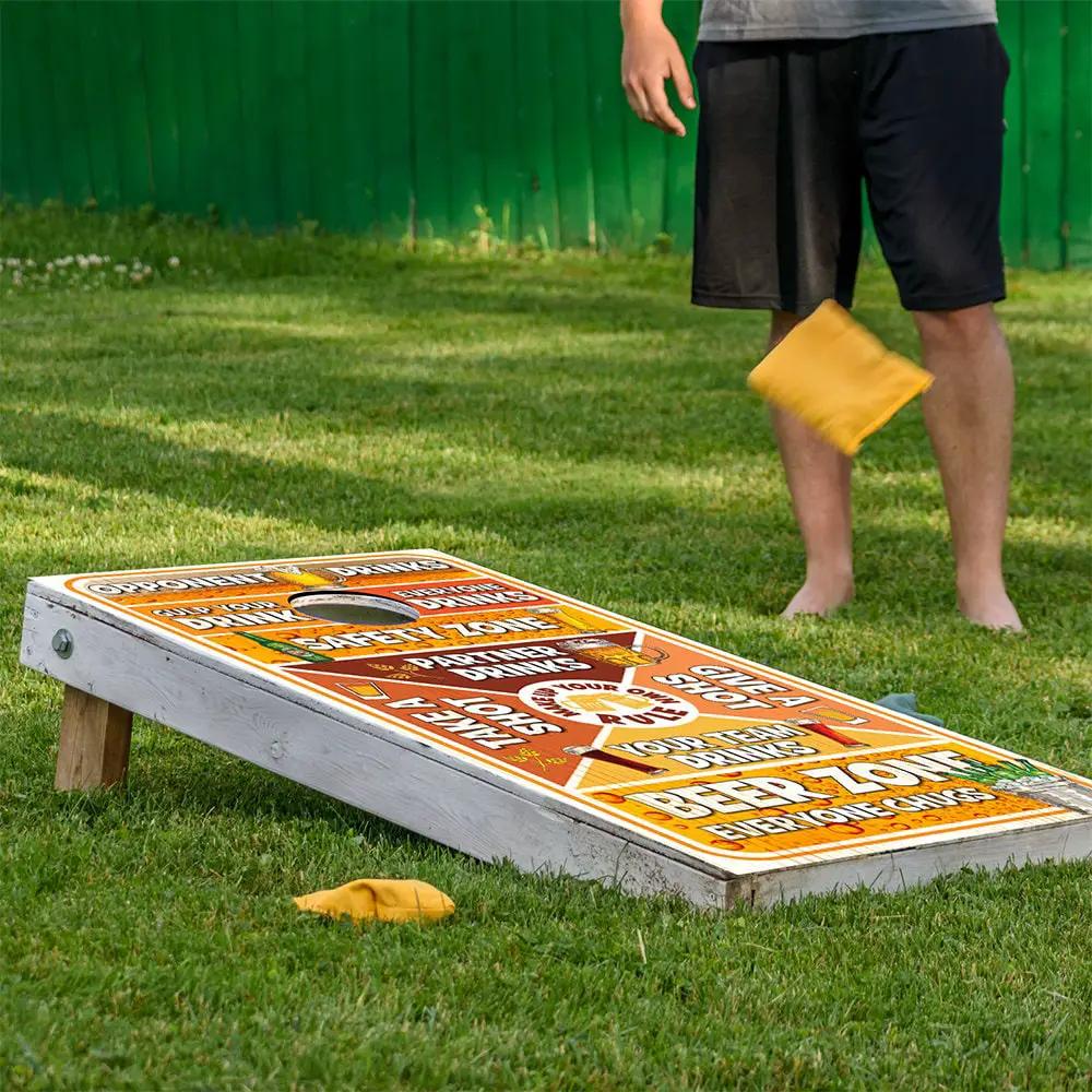 Beer game cornhole board wrap set of 2 in orange beer-themed design by Lone Star Art on Tampa Home & Garden Store