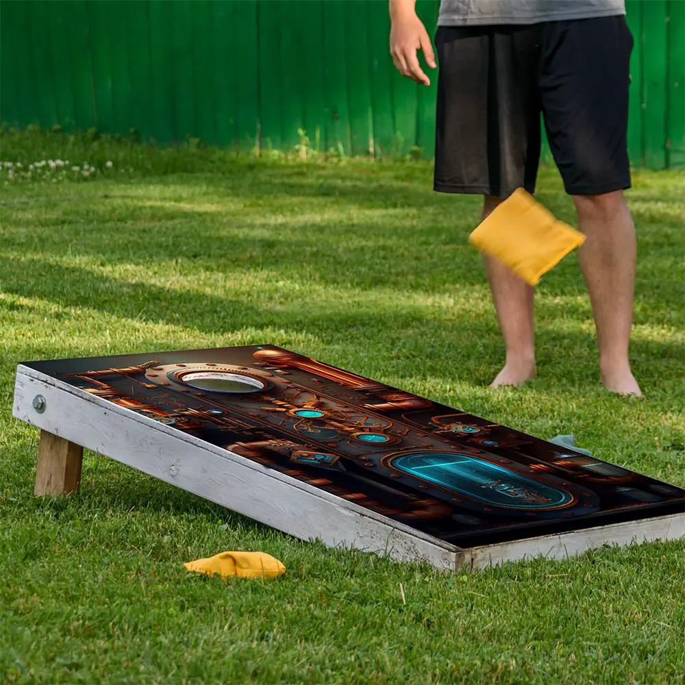Steampunk Cornhole Board Wrap with copper gears and blue accents on a wooden frame on Tampa Home & Garden Store
