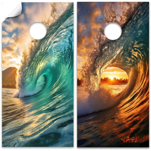 Cornhole Wraps Lone Star Art Morning and Sundown Tunnel Waves, set of 2 teal and orange panels on Tampa Home & Garden Store