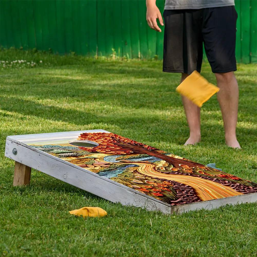 Country Roads Cornhole Board Wrap Set of 2 by Lone Star Art orange teal abstract landscape design on Tampa Home & Garden Store
