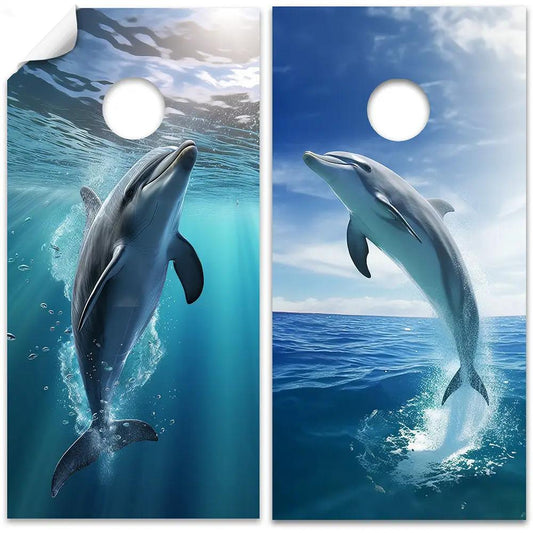 Ocean Dolphins Cornhole Board Wrap Set of 2 by Lone Star Art in blue ocean imagery on Tampa Home & Garden Store