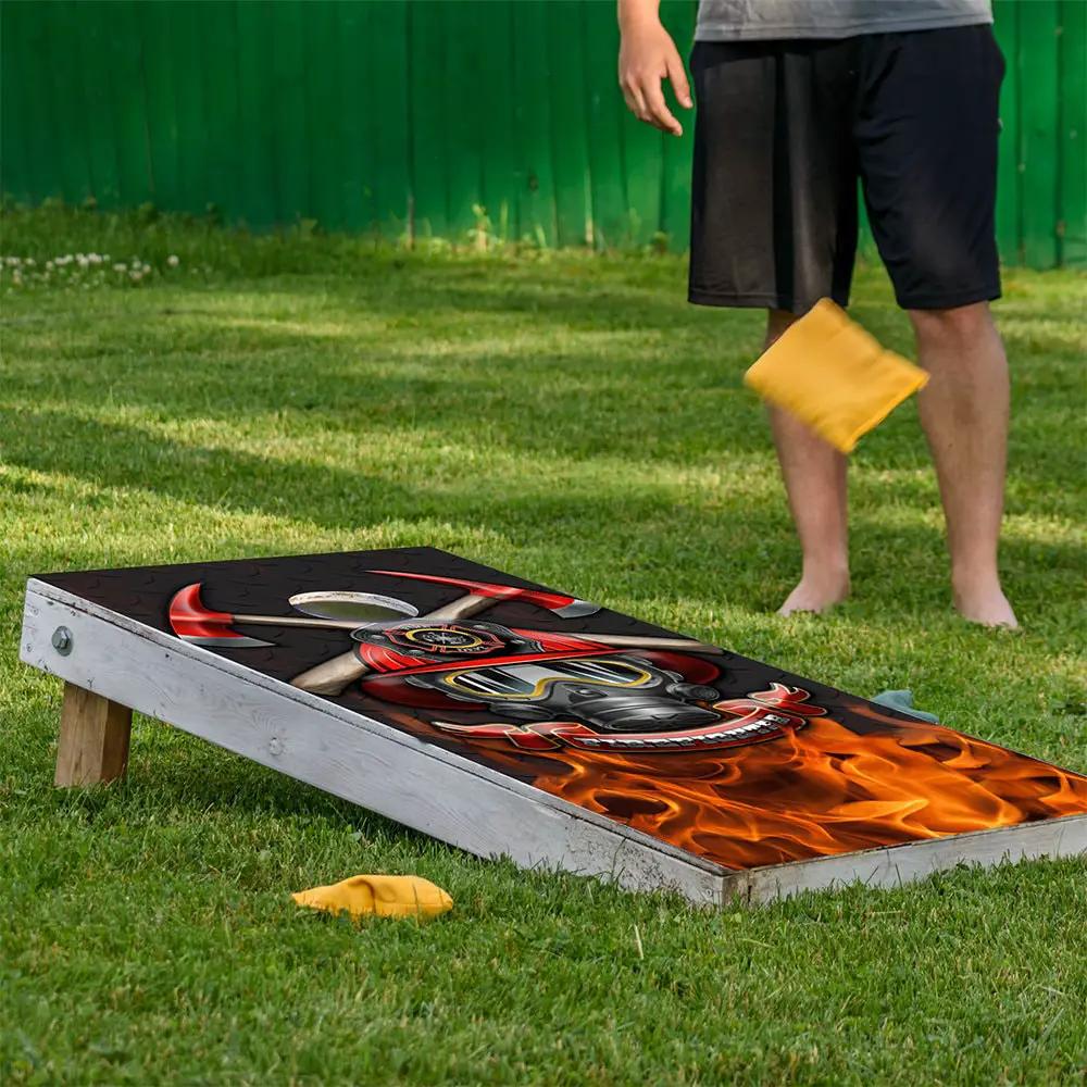 Cornhole wrap Firefighter and Steel with fiery flames on Tampa Home & Garden Store