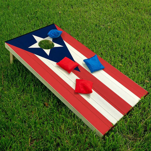 Puerto Rican Flag Cornhole Board Wrap Set of 2 with red white stripes and blue star design on Tampa Home & Garden Store