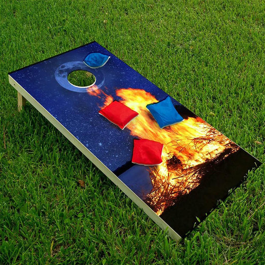 Cornhole wrap set of 2 Campfire by the Lake design in blue sky with orange flames Lone Star Art on Tampa Home & Garden Store