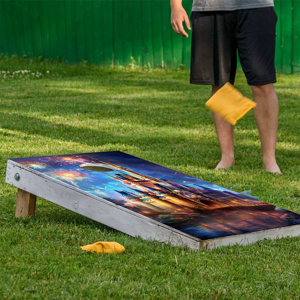 Magic Castles Cornhole Board Wrap Set of 2 on a weathered board with a night castle design on Tampa Home & Garden Store