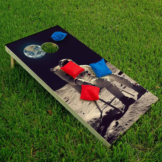 Lunar Lounger cornhole board wraps set of two with astronaut on moon design by Lone Star Art on Tampa Home & Garden Store