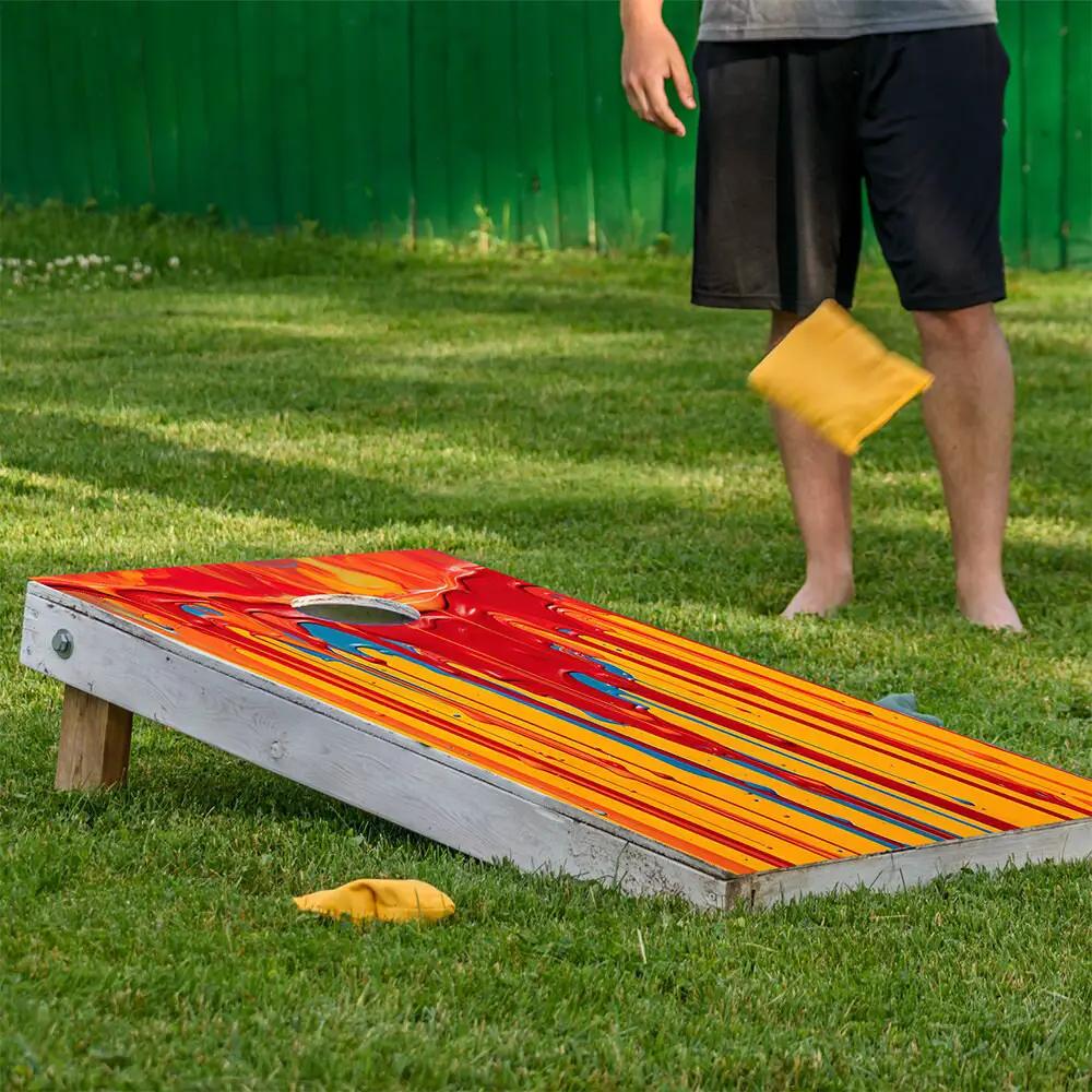 Warm Vibrant Paint Cornhole Board Wrap Set of 2 with red, orange, yellow stripes on Tampa Home & Garden Store