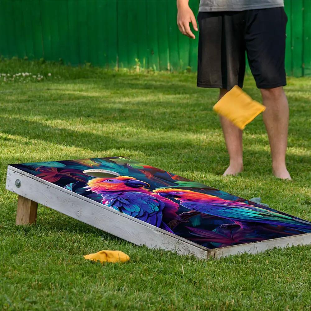 Colorful Parrots Cornhole Board Wraps Set of 2, vibrant parrot artwork on Tampa Home & Garden Store