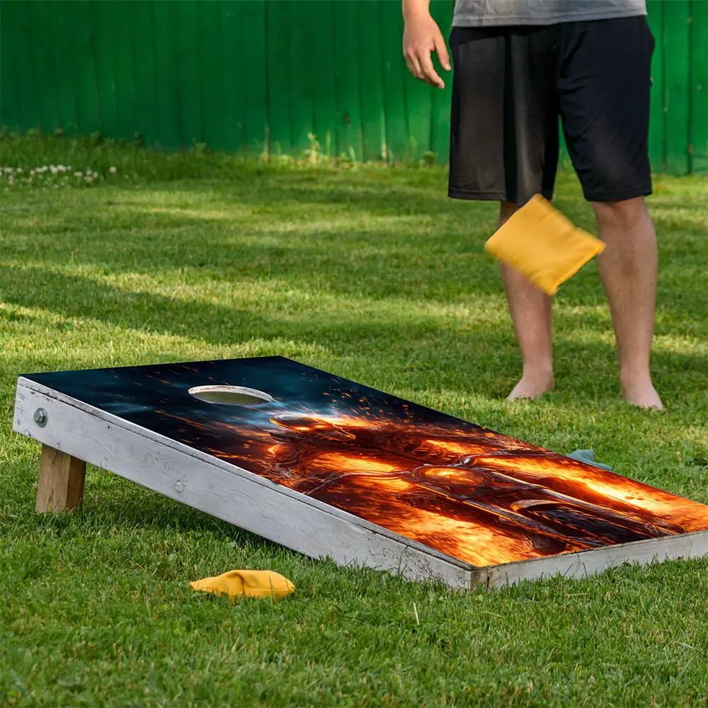 Skeletons from Hell cornhole board wraps set of 2 with lava-fire design by Lone Star Art on Tampa Home & Garden Store