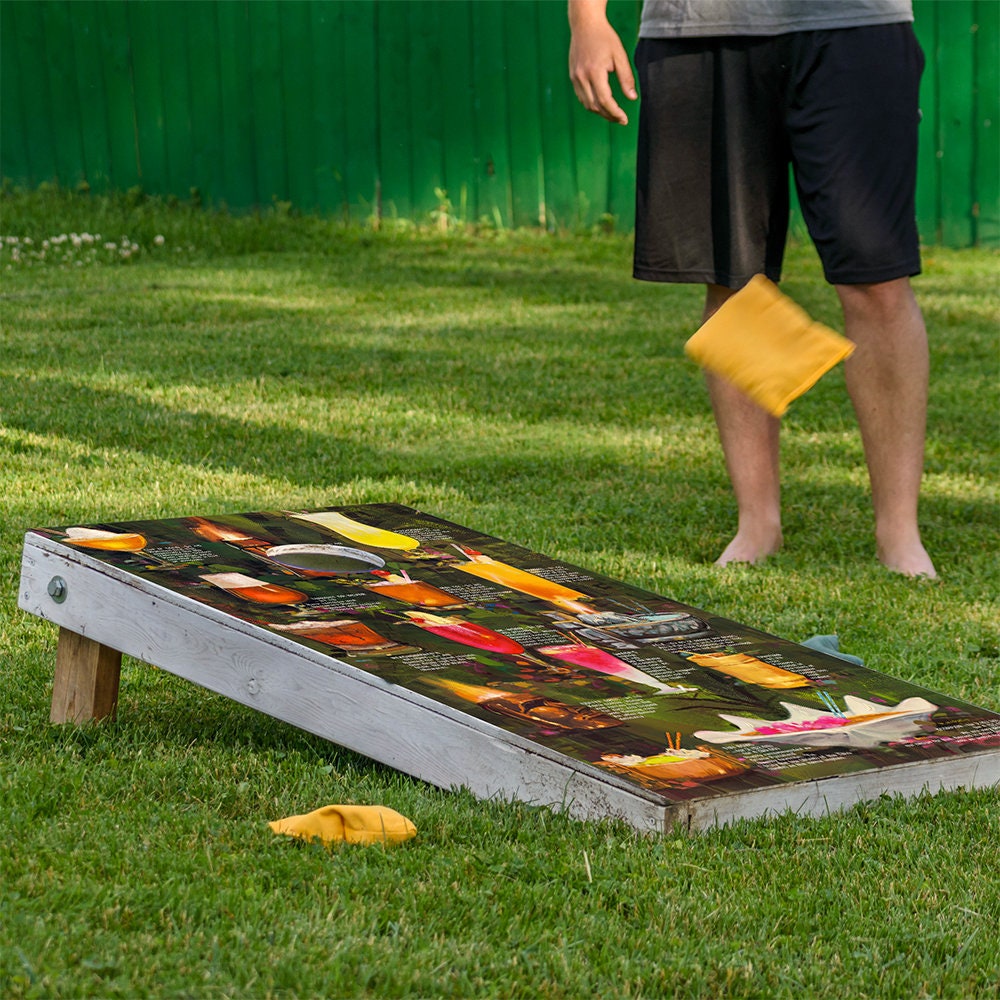 Tiki Drink Menus Cornhole Board Wraps set of 2 with cocktail artwork on wooden boards on Tampa Home & Garden Store
