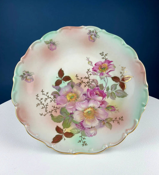 Vintage Schumann porcelain cake stand scalloped edge with pink tea-rose bouquet on Tampa Home & Garden Store