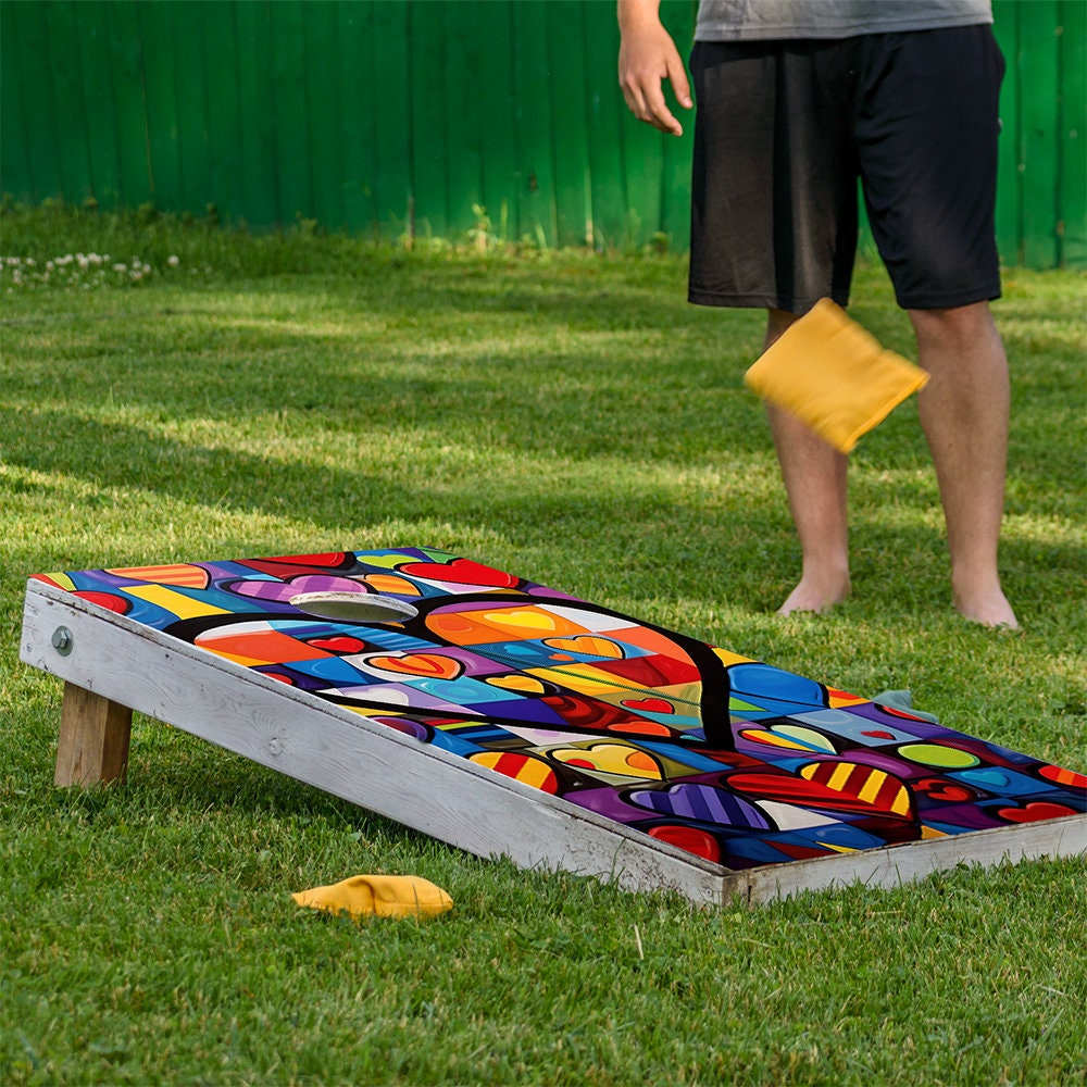 Heart to Heart Cornhole Board Wrap Set of 2 with vibrant multicolor abstract heart pattern on Tampa Home & Garden Store