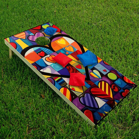 Heart to Heart Cornhole Board Wrap Set of 2 featuring a vibrant heart mosaic pattern on Tampa Home & Garden Store