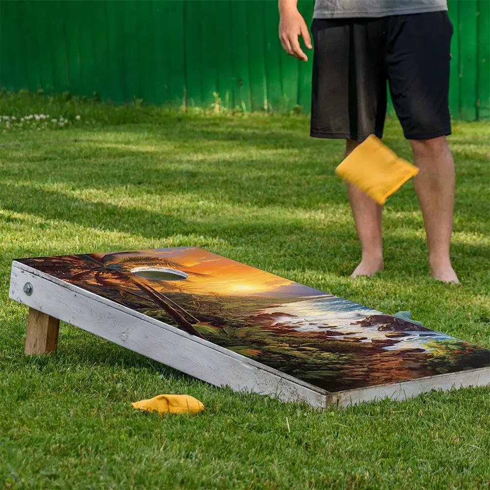 Tropical Beaches Cornhole Board Wraps Set of 2 with palm tree sunset design on Tampa Home & Garden Store