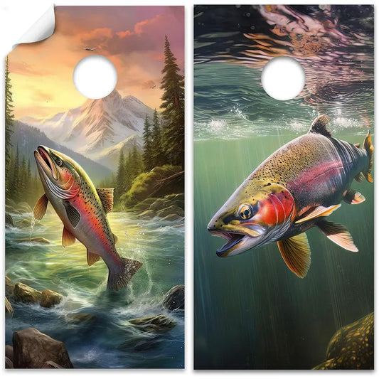 Blue Lake Fishing Cornhole Wraps set of 2 with rainbow trout artwork on Tampa Home & Garden Store