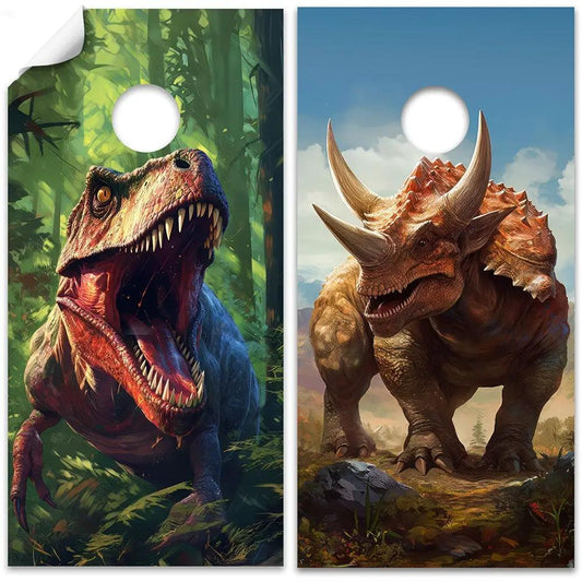 Cornhole board wraps set of 2: T Rex and Triceratops designs in jungle and desert scenes on Tampa Home & Garden Store