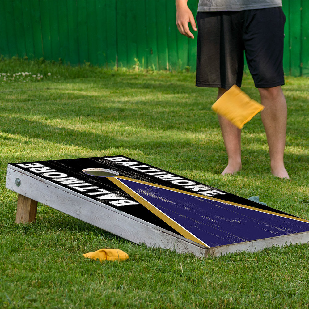 Cornhole wrap Baltimore Football set of 2 boards by Lone Star Art black with purple-gold accents on Tampa Home & Garden Store