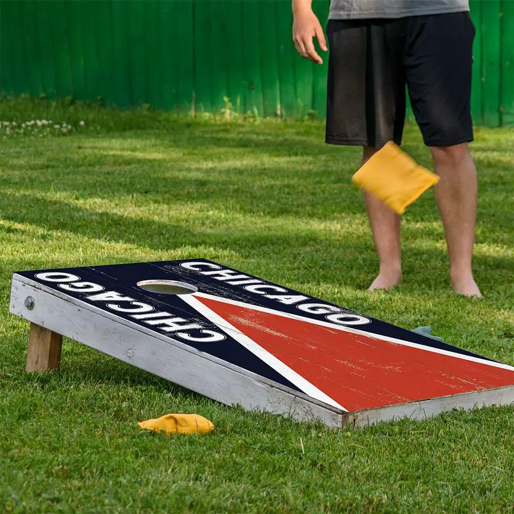 Cornhole wraps set of 2 Chicago Football design for boards with navy background and bold red diagonal stripe on Tampa Home & Garden Store