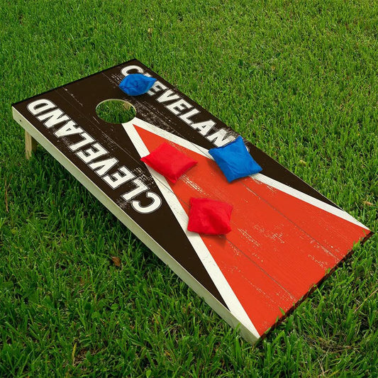 Cleveland Football cornhole board wrap by Lone Star Art, dark brown with red stripe design on Tampa Home & Garden Store
