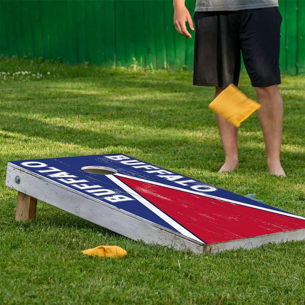 Buffalo Football Cornhole Board Wrap Set of 2 by Lone Star Art, blue with red diagonal stripe on Tampa Home & Garden Store