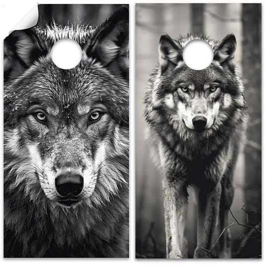 Wolves Portrait Cornhole Board Wraps, 2-pack, black and white wolf imagery by Lone Star Art on Tampa Home & Garden Store