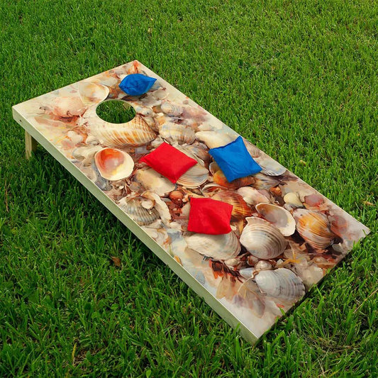 Shells Painting Cornhole Wraps 2-pack seashell print with red and blue bean bags Lone Star Art on Tampa Home & Garden Store