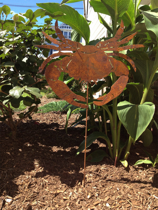 Crab garden stake sculpture by Rustica Ornamentals, rusted metal lawn art on stake in garden on Tampa Home & Garden Store