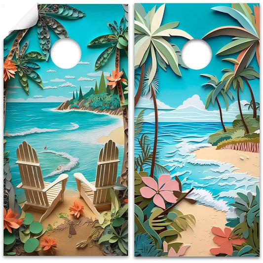 Beach Dreams Cornhole Wrap Set of 2 beach scene palm trees and ocean Lone Star Art on Tampa Home & Garden Store
