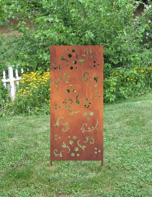 Outdoor privacy screen tall rust-colored metal panel with decorative vine cutouts on Tampa Home & Garden Store