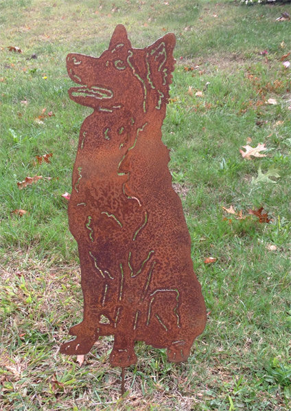 Rusty metal husky garden stake with adult and puppy shapes on Tampa Home & Garden Store