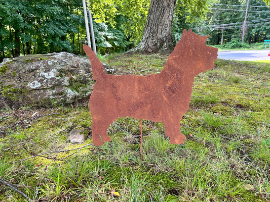 Cairn Terrier garden stake or wall hanging silhouette rusty iron finish Rustica Ornamentals on Tampa Home & Garden Store