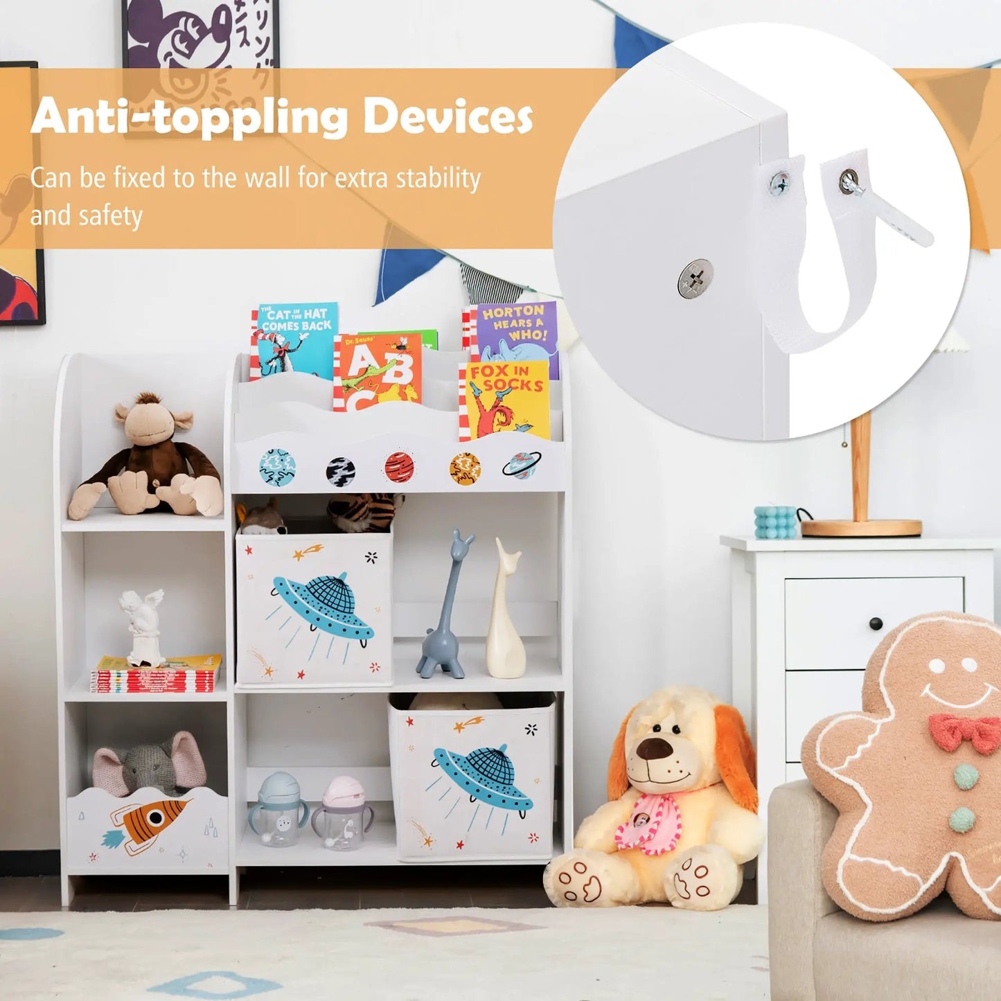 Kids Toy and Book Organizer with white frame and space-themed storage bins DirectDeals on Tampa Home & Garden Store