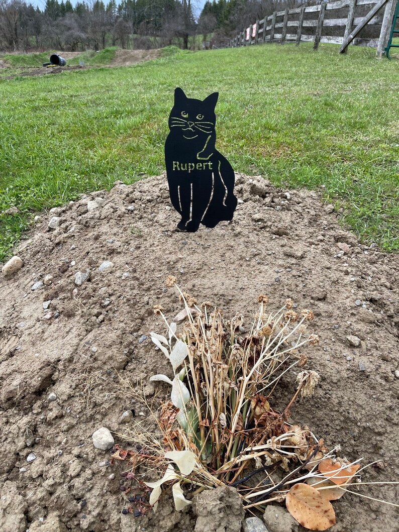 Cat yard art metal silhouette Rupert name, black finish, Rustica Ornamentals lawn ornament on Tampa Home & Garden Store