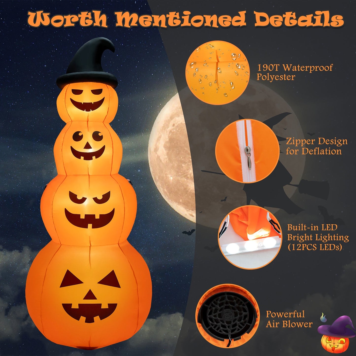 8 Feet Inflatable Halloween Pumpkins Stack by DirectDeals with LED lights, 3 pumpkins on Tampa Home & Garden Store