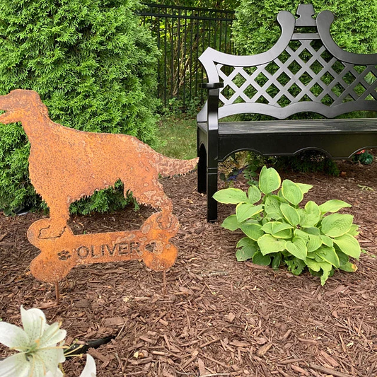 Irish Setter garden stake Style 2 in rusty metal with Oliver name on base by Rustica Ornamentals on Tampa Home & Garden Store