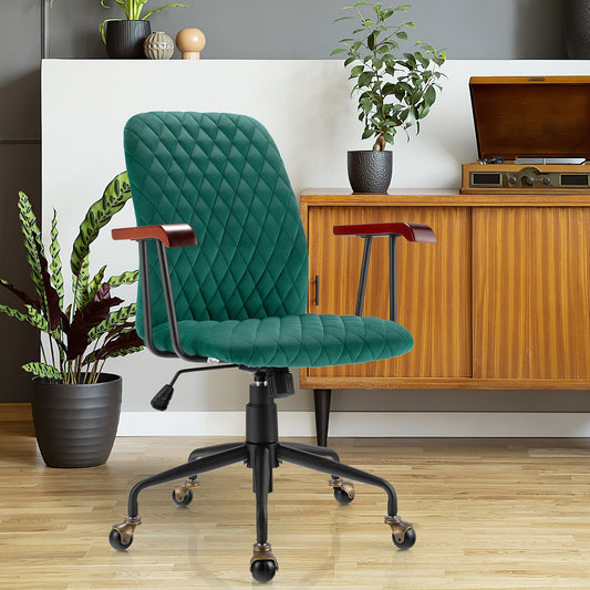 Velvet Home Office Chair with Wooden Armrest Green - Tampa Home & Garden Store