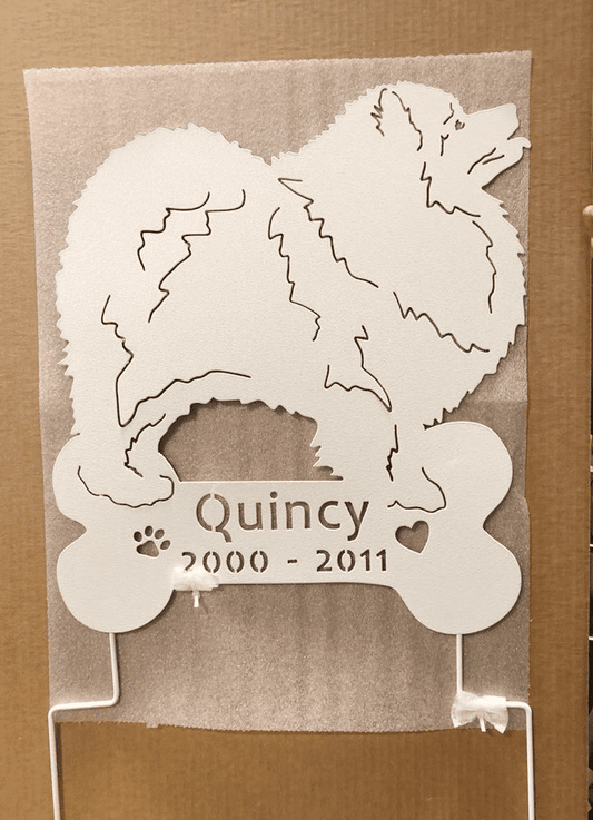 Keeshond garden stake by Rustica Ornamentals, white metal dog silhouette with paw print heart on Tampa Home & Garden Store