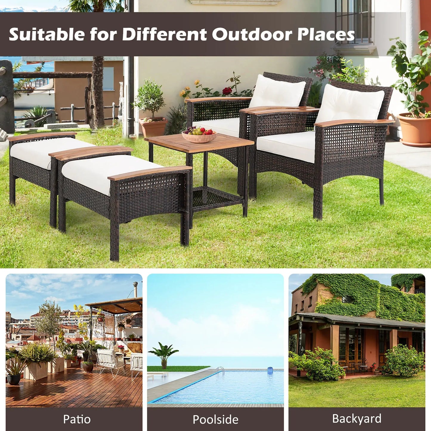 Patio dark brown rattan furniture set with acacia wood table, 5-piece outdoor set with white cushions on Tampa Home & Garden Store