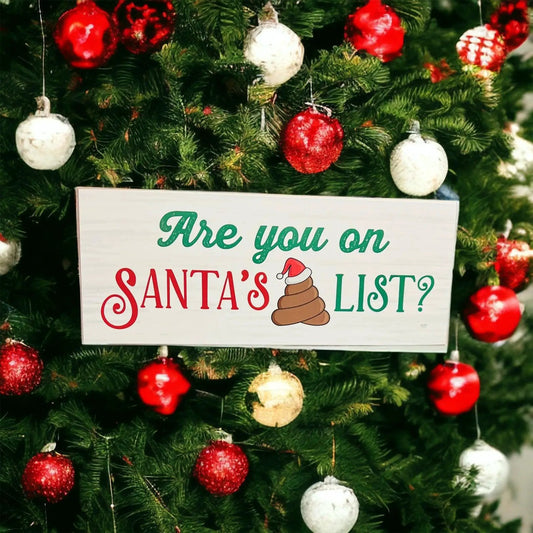 Christmas Sign Santa Poop List by Gia Roma, wooden block with green and red lettering on Tampa Home & Garden Store