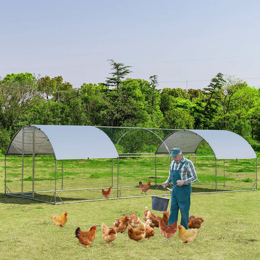 Large Metal Chicken Coop with Cover by DirectDeals in a fenced outdoor run with chickens on Tampa Home & Garden Store