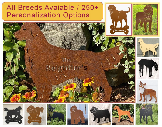 Golden Retriever statue rusted metal garden sculpture by Rustica Ornamentals for lawn ornaments on Tampa Home & Garden Store