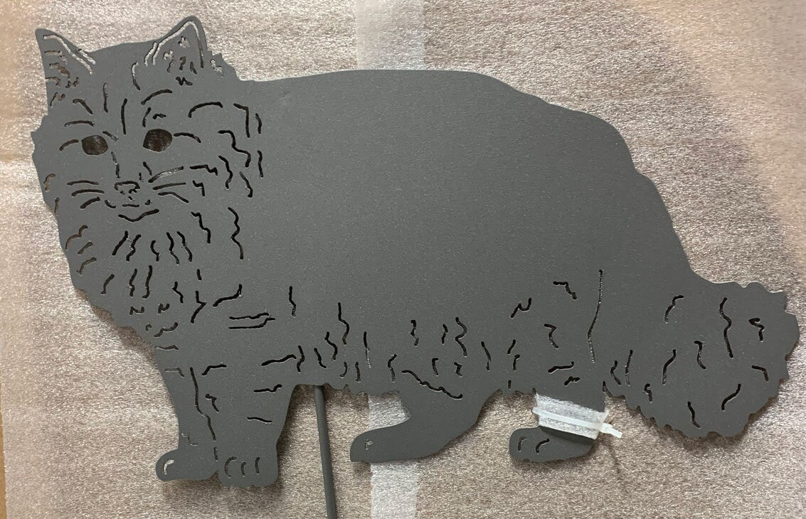 Long-haired cat yard art silhouette with stake by Rustica Ornamentals for lawn on Tampa Home & Garden Store