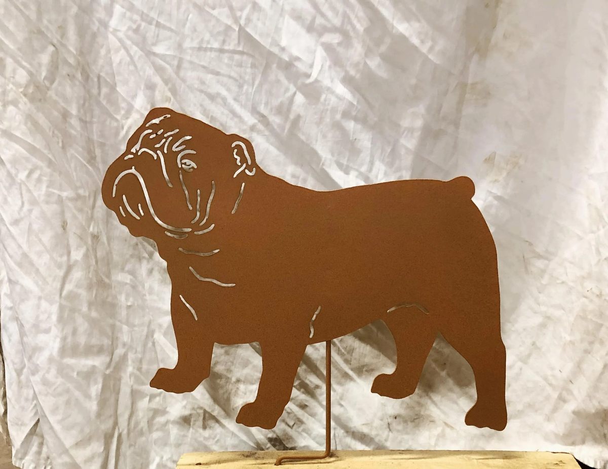 Bulldog garden statue silhouette in brown metal by Rustica Ornamentals for lawn ornaments on Tampa Home & Garden Store